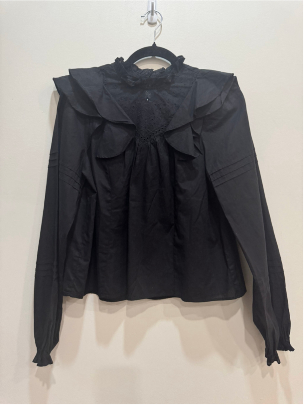 H&M Black Cotton Eyelet Ruffle High Neck Long Sleeve Top Size X Romantic Goth